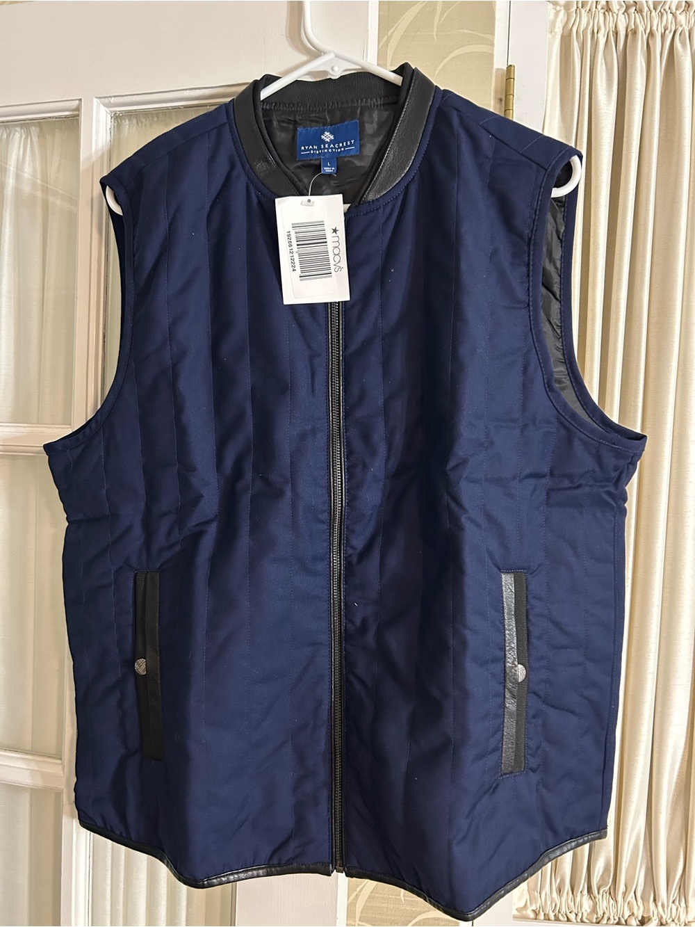 Men’s Ryan Seacrest Distinction Navy Quilted Vest with Leather Trim